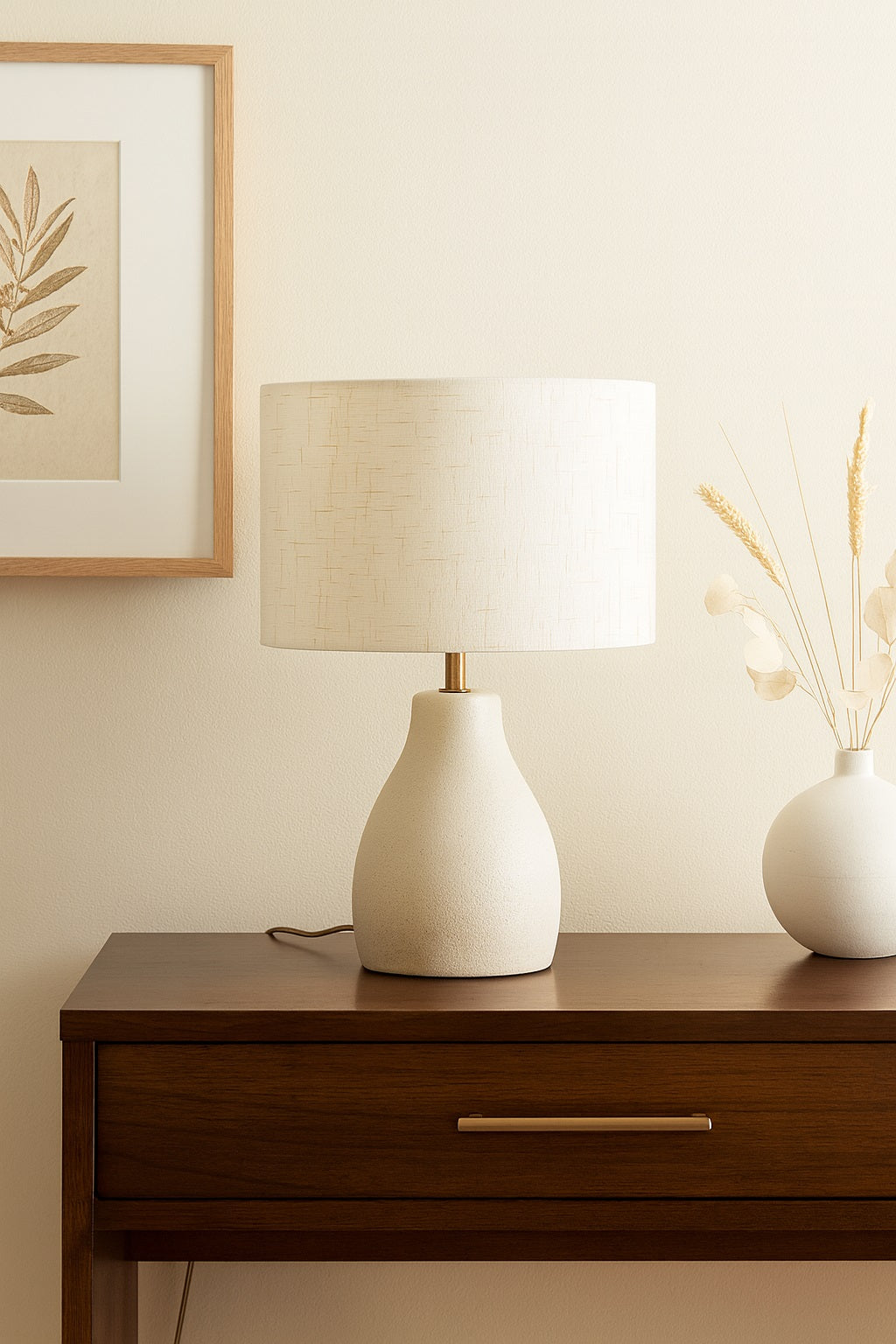 Abat-jour tambour en lin beige sur lampe de chevet élégante, lampe sur pied en bois foncé dans un intérieur moderne.