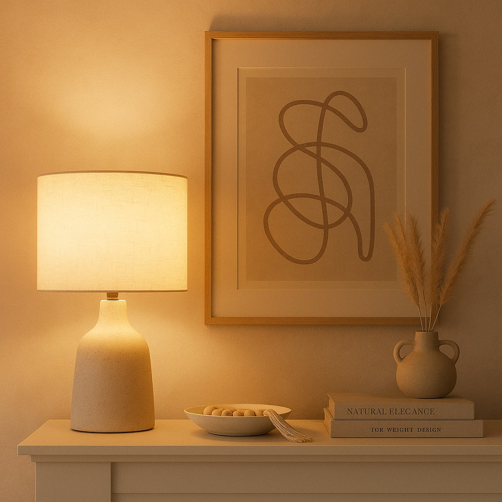 Lampe de chevet allumée avec abat-jour tambour lin beige, lampe sur pied créant une lumière douce et chaleureuse.