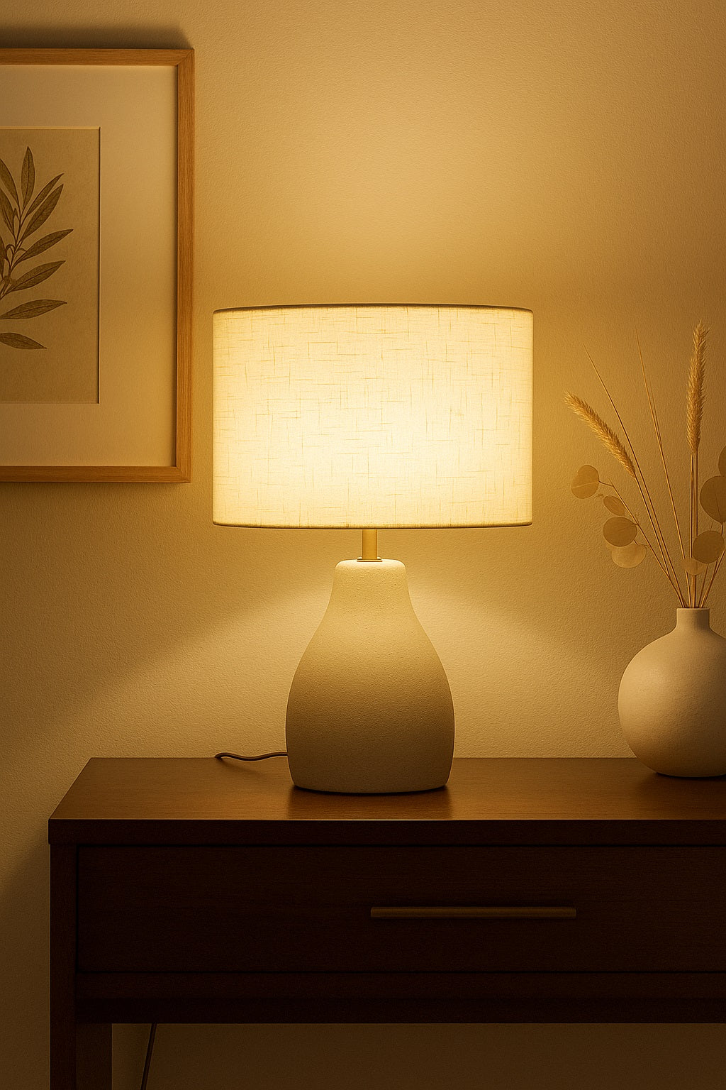 Abat-jour tambour lin beige sur lampe de chevet design, lampe sur pied diffusant une lumière cosy dans le séjour.