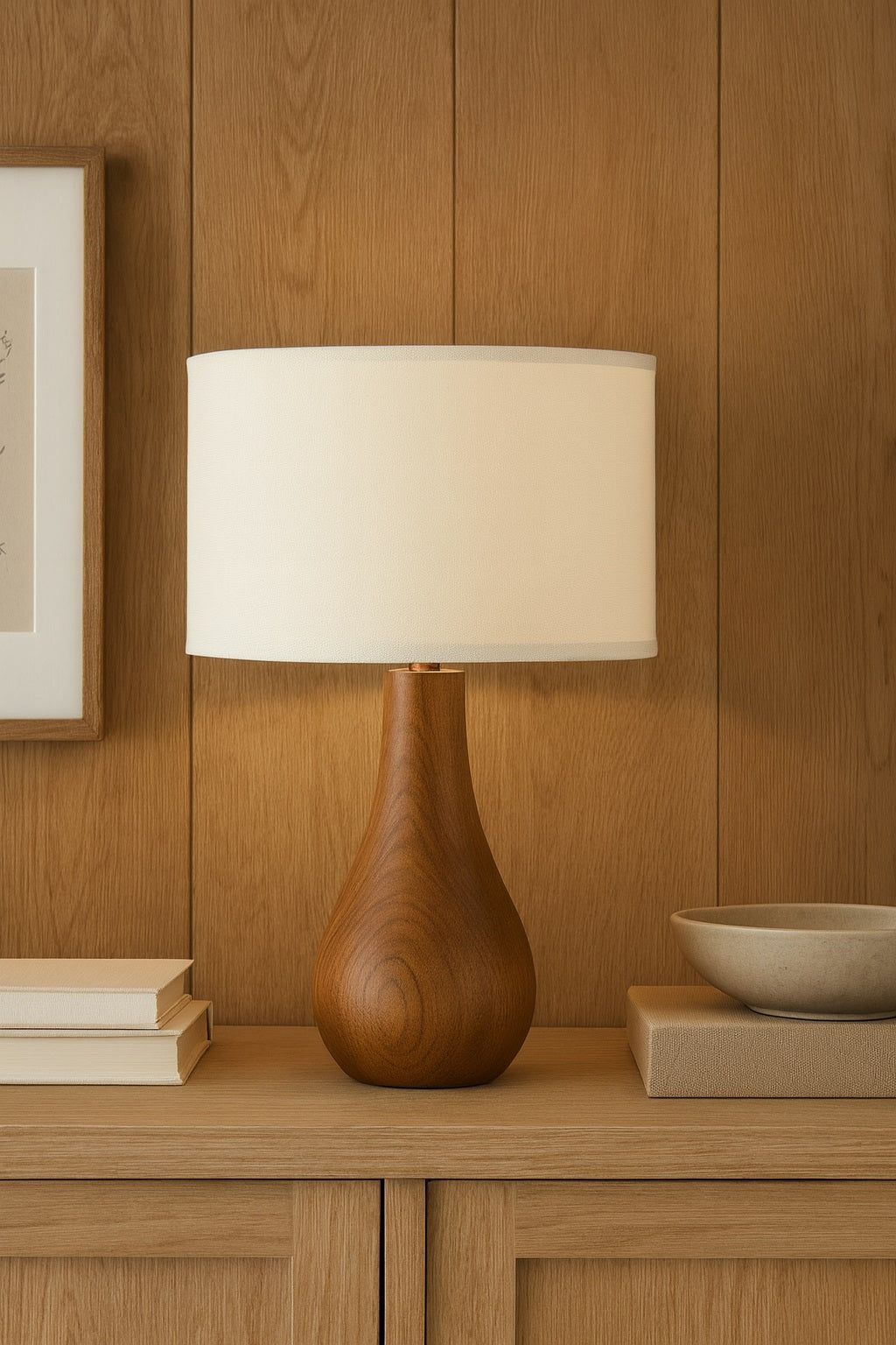 Lampe en bois avec abat-jour tambour en lin blanc, ambiance chaleureuse et naturelle dans un intérieur design.