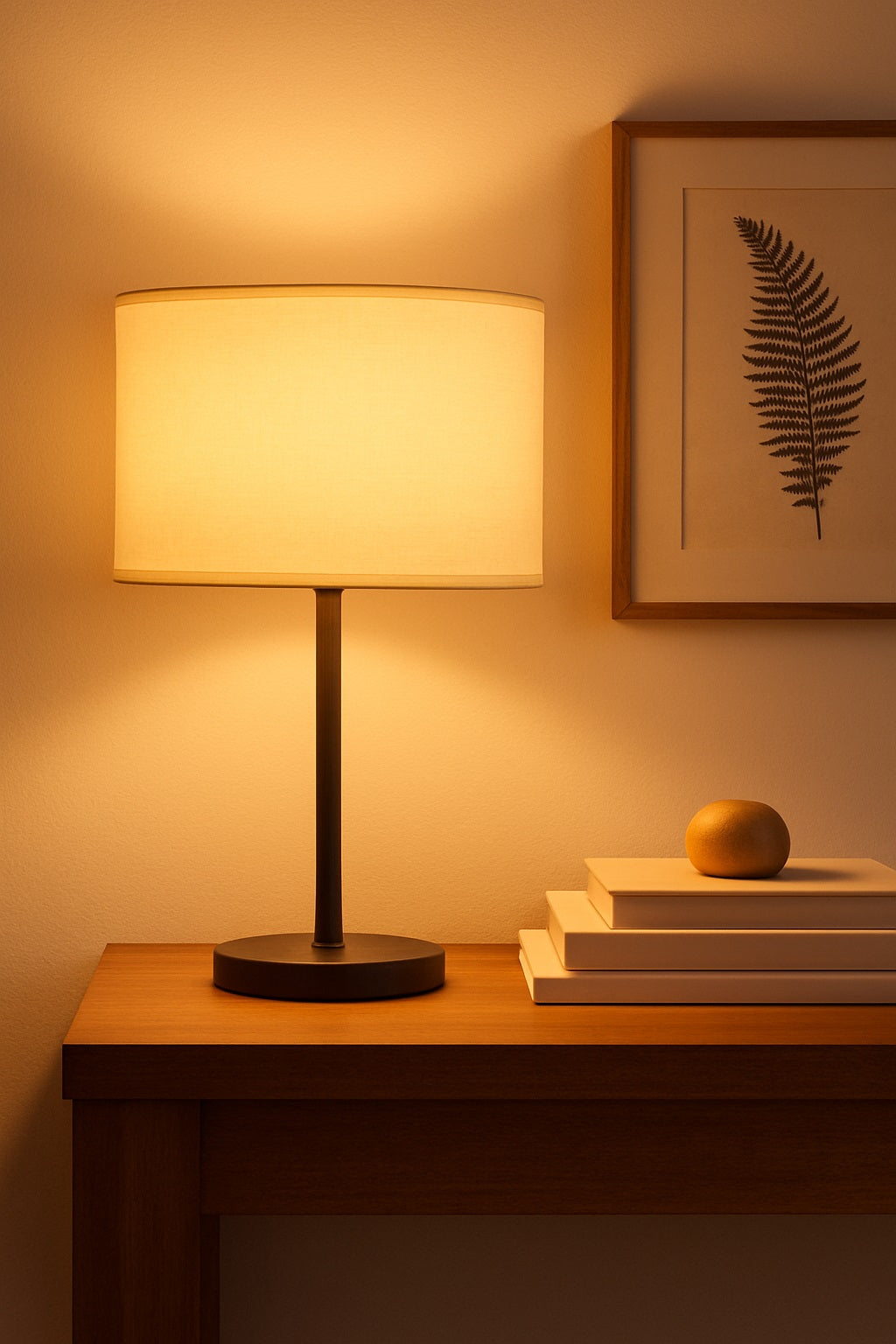Abat-jour tambour en lin blanc allumé, diffusant une lumière douce sur console bois et mur décoratif.