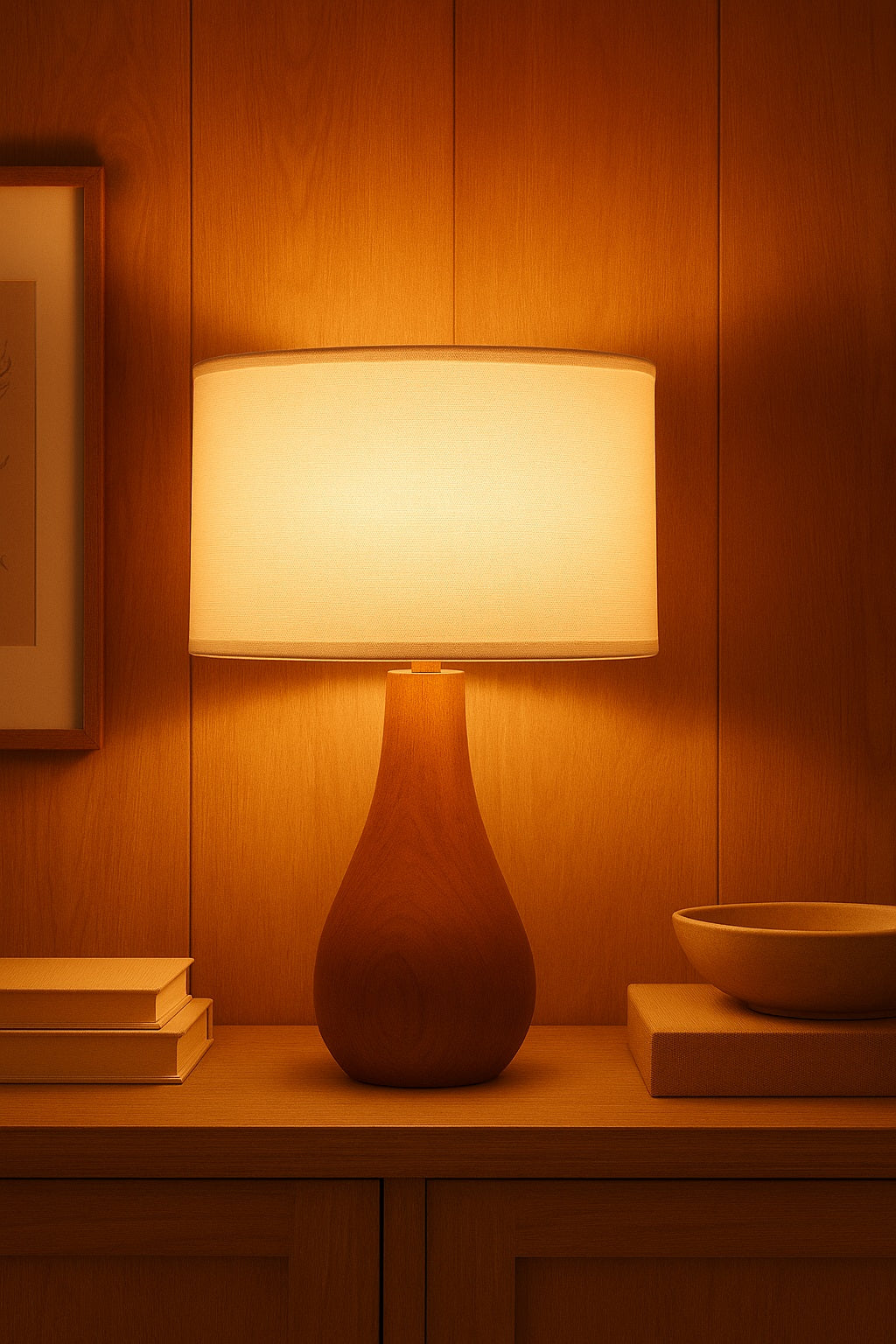 Lampe en bois avec abat-jour tambour en lin blanc allumé, éclairage chaleureux et déco minimaliste.