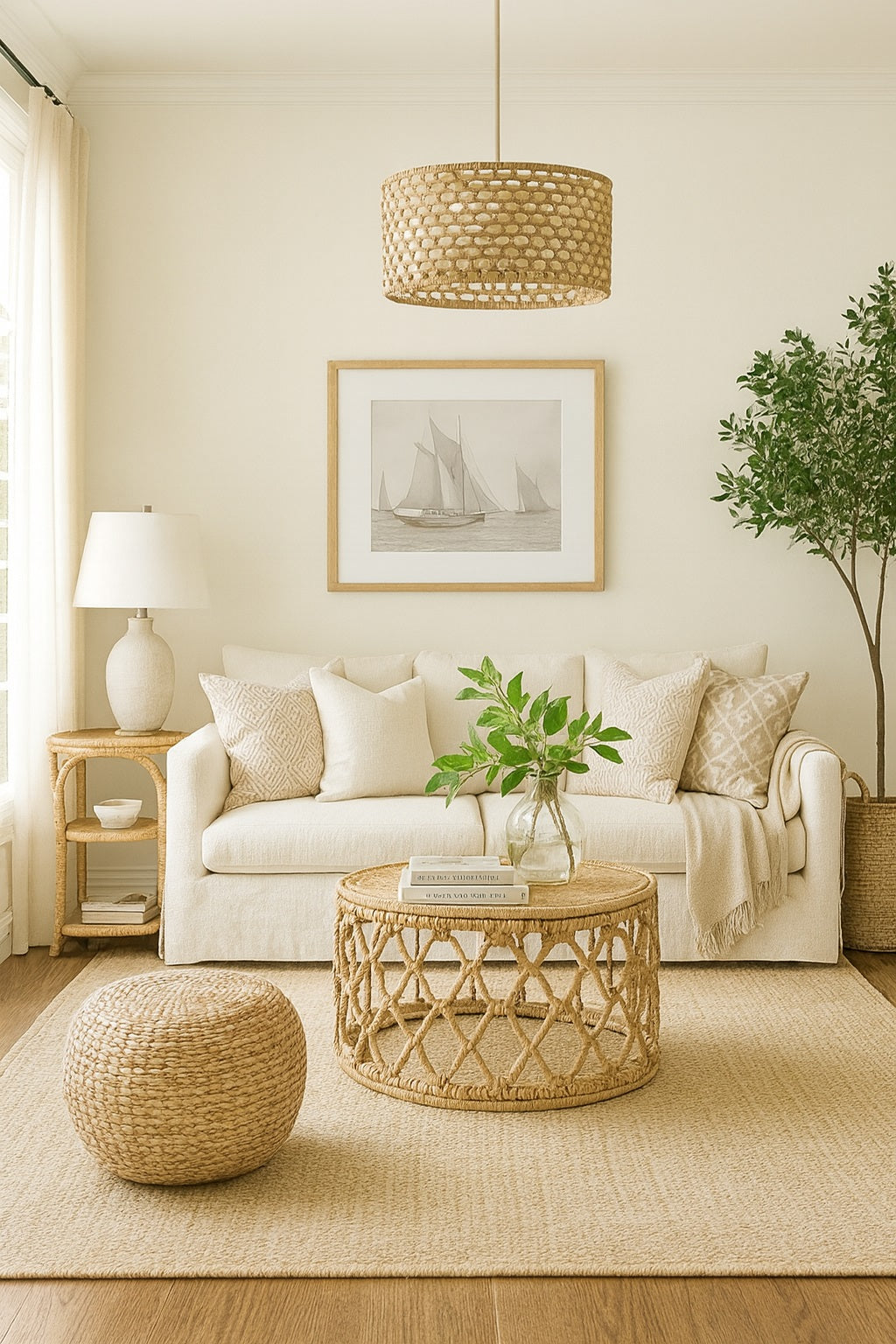 Abat-jour en rotin tambour suspendu au plafond, style naturel et lumineux