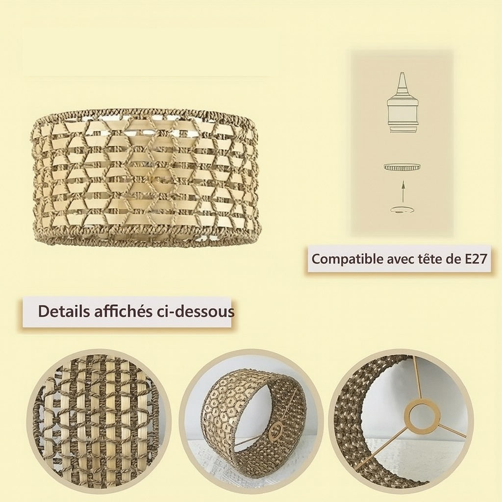 Abat-jour en rotin tressé avec schéma de fixation E27 pour lampe, suspension ou lampadaire