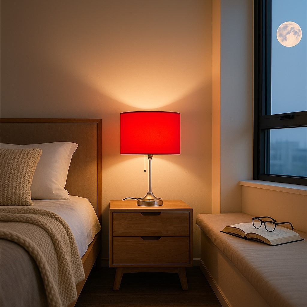 Lampe de chevet avec abat-jour rouge tambour diffusant une lumière chaleureuse dans la chambre.