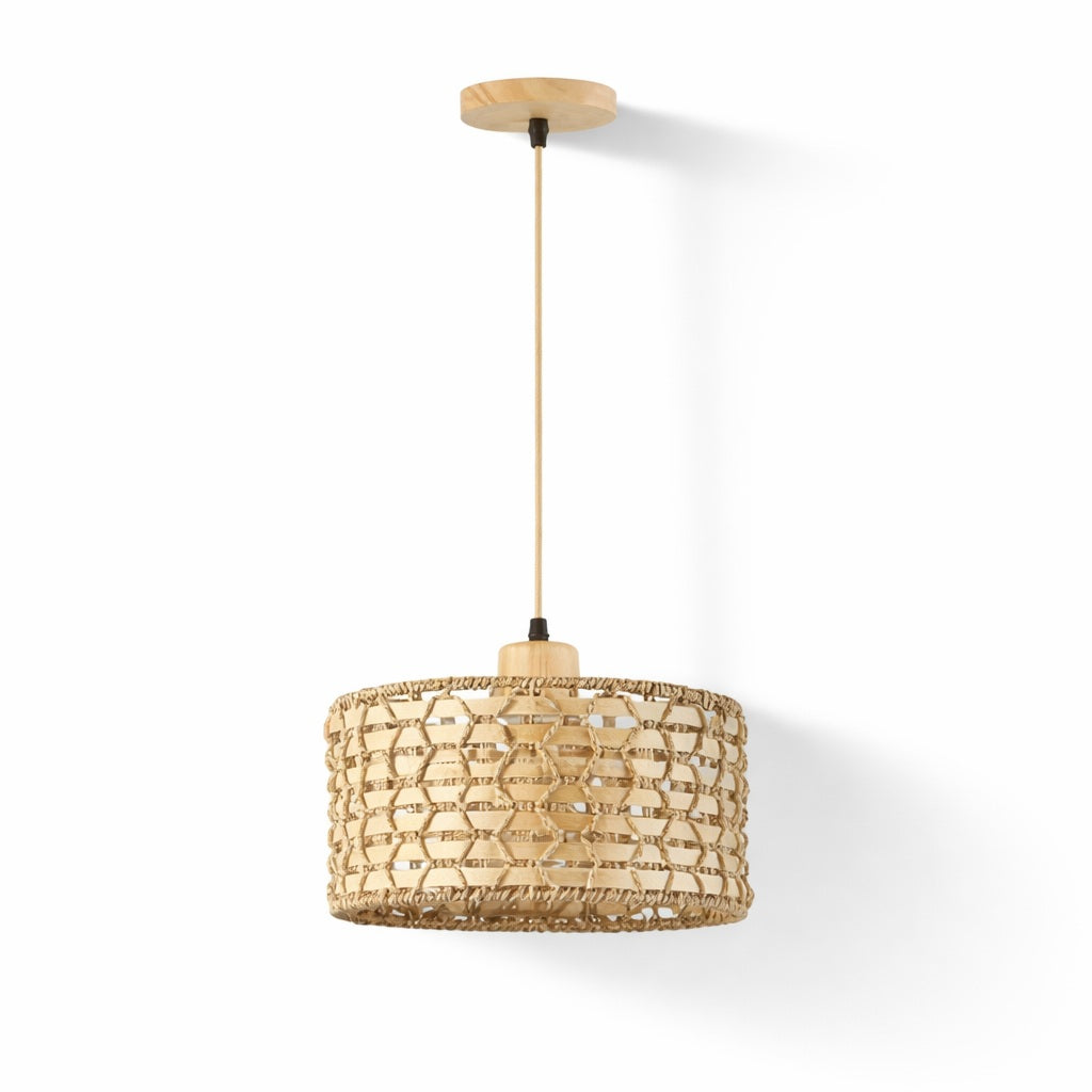 Abat-jour suspension en fibres naturelles tressées avec câble et rosace, design bohème chic pour éclairage intérieur