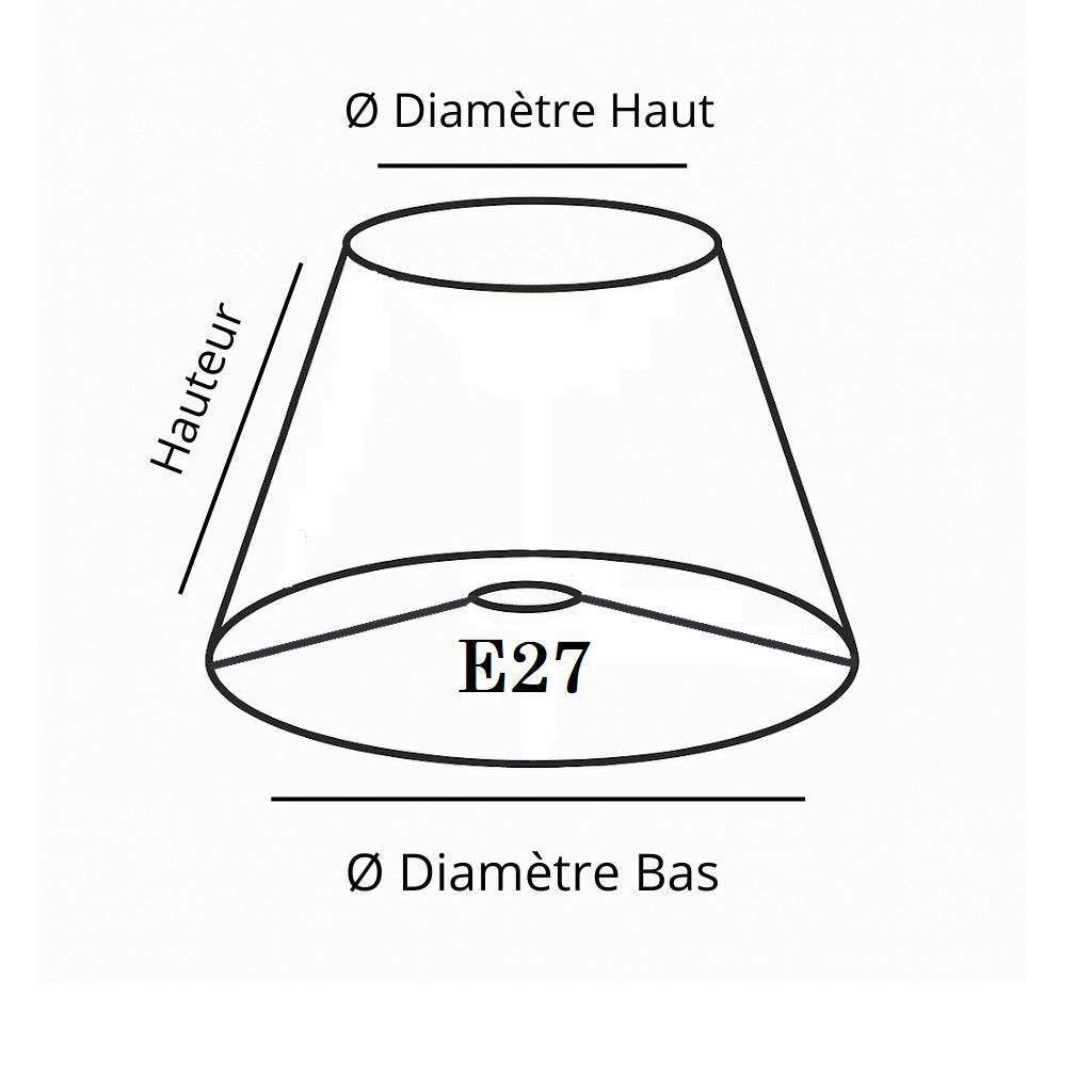 Schéma d’un abat-jour conique indiquant les dimensions clés : diamètre haut, diamètre bas et hauteur verticale.