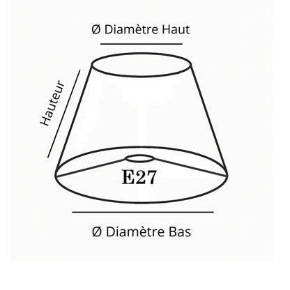 Schéma d’un abat-jour conique indiquant les dimensions clés : diamètre haut, diamètre bas et hauteur verticale.