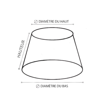 Schéma d’un abat-jour conique indiquant les dimensions clés : diamètre haut, diamètre bas et hauteur verticale.