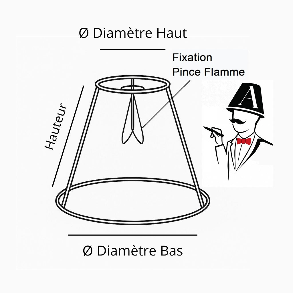 Abat-jour conique avec fixation pince flamme, mesures illustrées et logo dessin sur la droite, présentation technique claire.