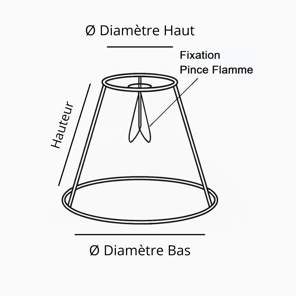 Schéma d’un abat-jour conique avec fixation pince flamme, hauteurs et diamètres indiqués, vue technique sur fond blanc.