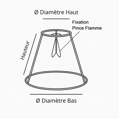 Schéma d’un abat-jour conique avec fixation pince flamme, hauteurs et diamètres indiqués, vue technique sur fond blanc.