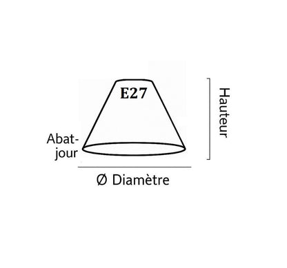 Schéma technique d’un abat-jour mural conique avec douille E27, hauteur et diamètre indiqués.