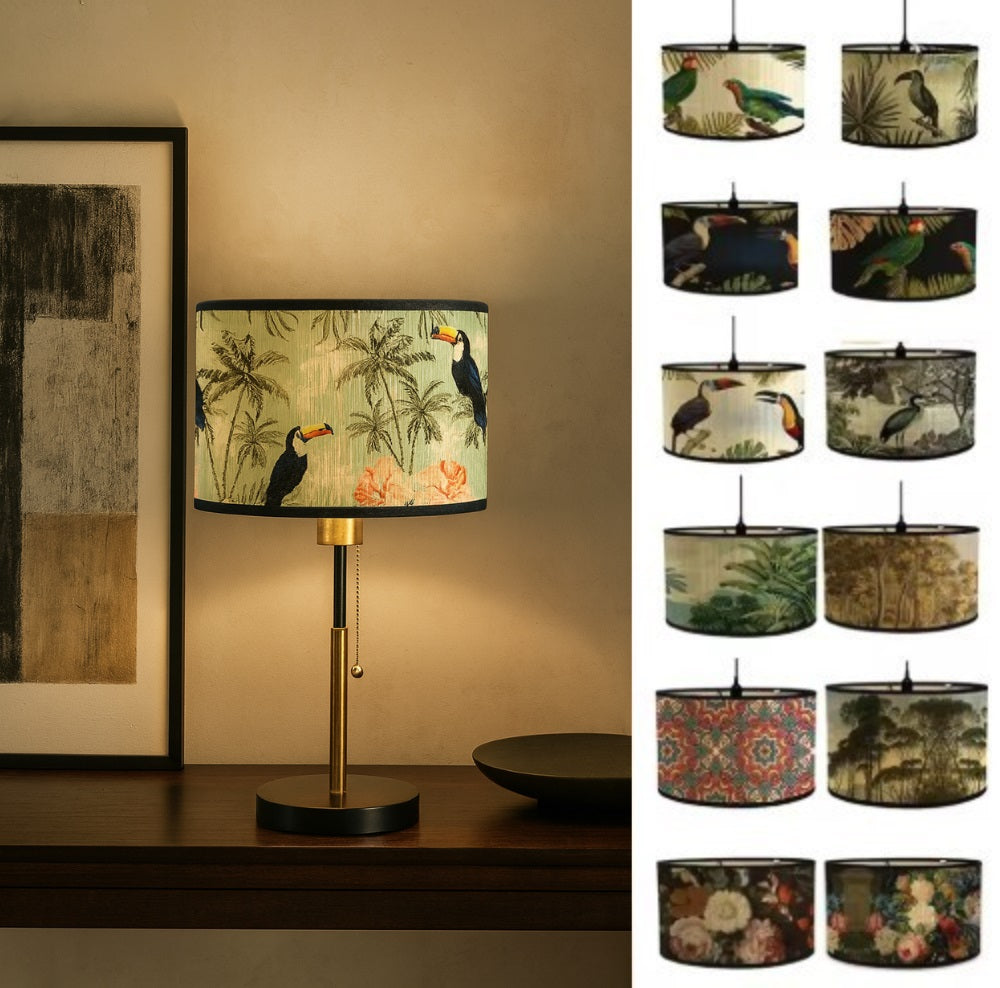 Collection d’abat-jour design avec motifs exotiques et floraux, lampe de table décorative au style élégant et naturel.