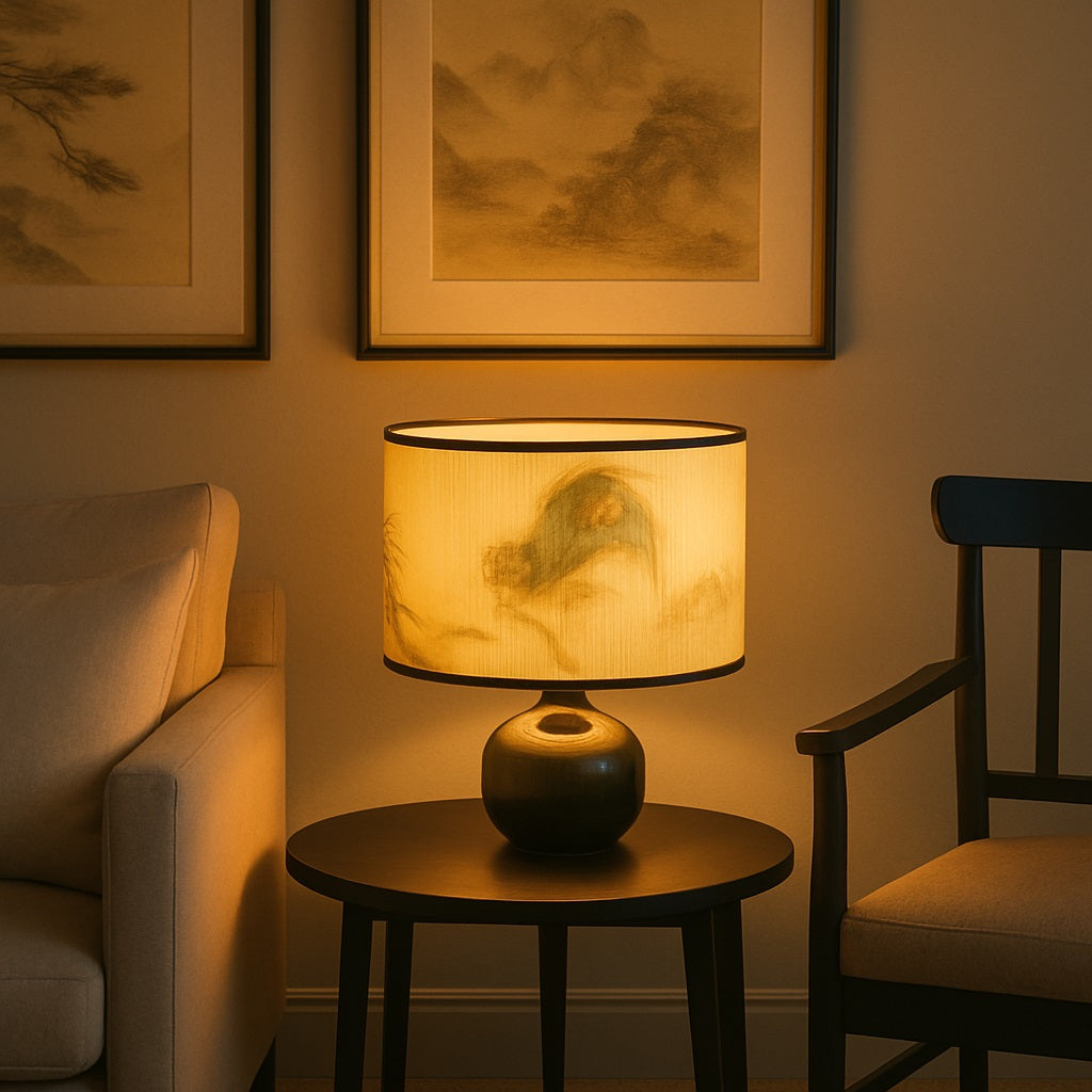 Abat-jour lumineux aux teintes chaleureuses, idéal pour un lampadaire créant une ambiance douce et apaisante.