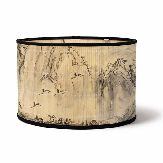 Abat-jour lampe cylindrique à motif paysage, abat-jour design en tissu plissé beige avec finitions noires
