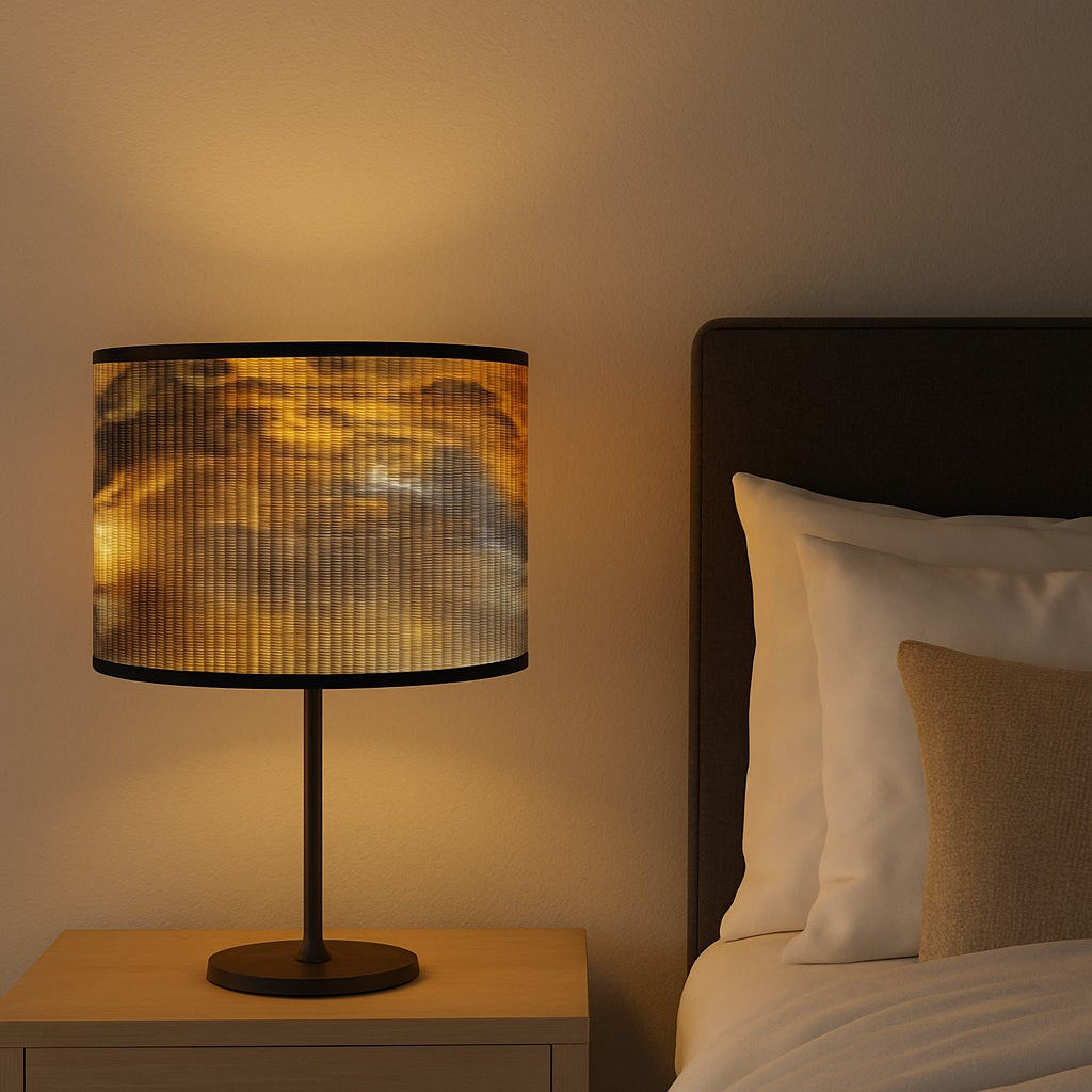 Abat-jour lumineux effet coucher de soleil, parfait pour un lampadaire et une ambiance chaleureuse en chambre.