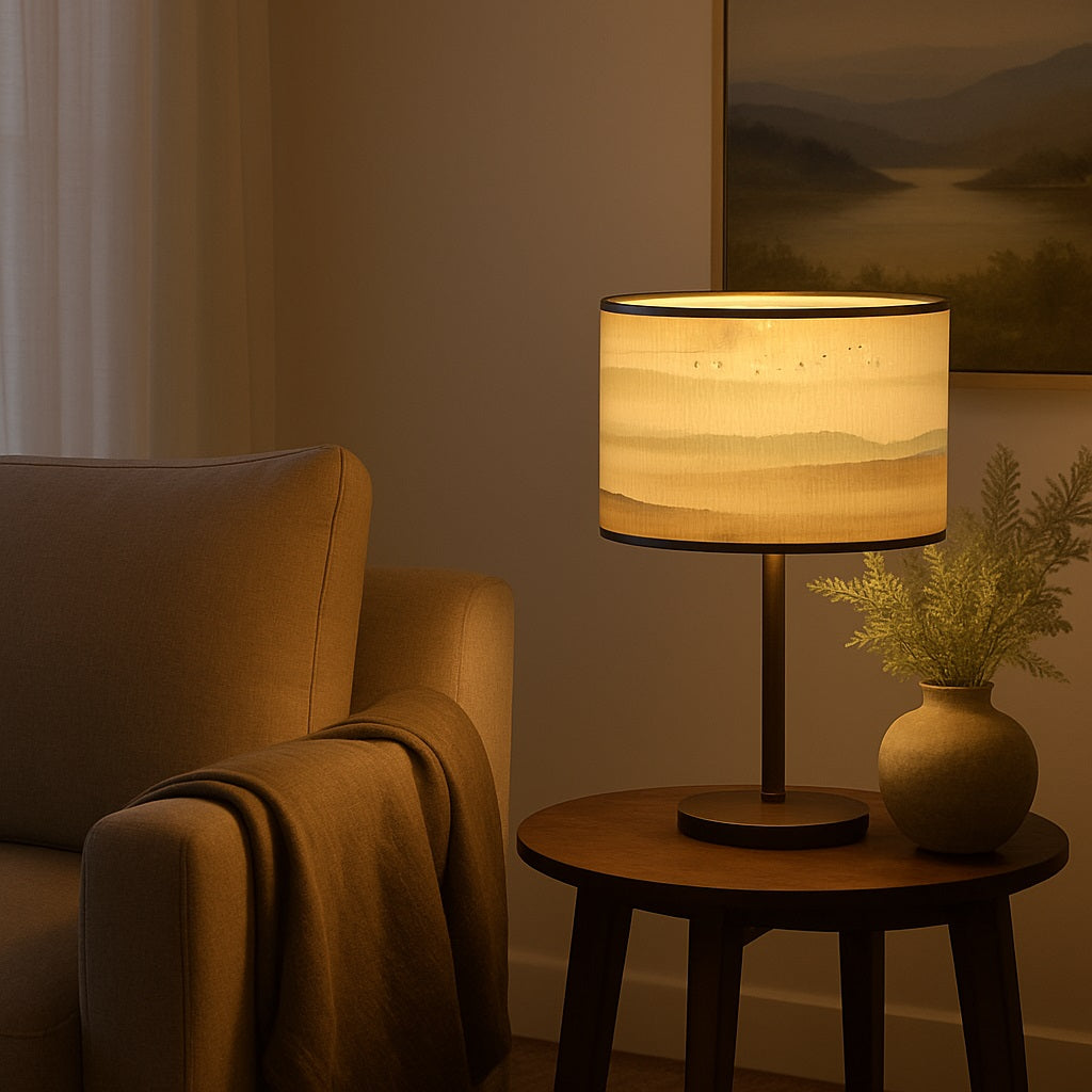 Abat-jour lumineux aux tons beige et vert, idéal pour un lampadaire créant une ambiance chaleureuse en soirée.