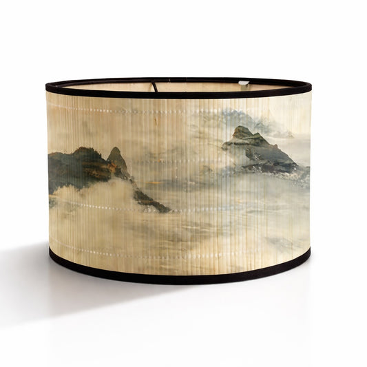 Abat-jour lampe cylindrique à motif montagne brumeuse, abat-jour design en tissu plissé aux tons naturels