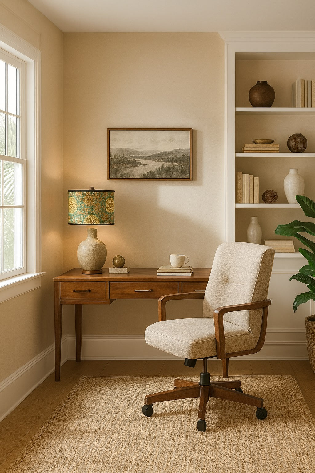 Lampe avec abat-jour vert et doré à motifs floraux, apportant une touche élégante et naturelle à un bureau chaleureux.