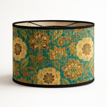 Abat-jour cylindrique vert à motifs floraux dorés, en tissu décoratif, compatible lampe E27 – style baroque chic.