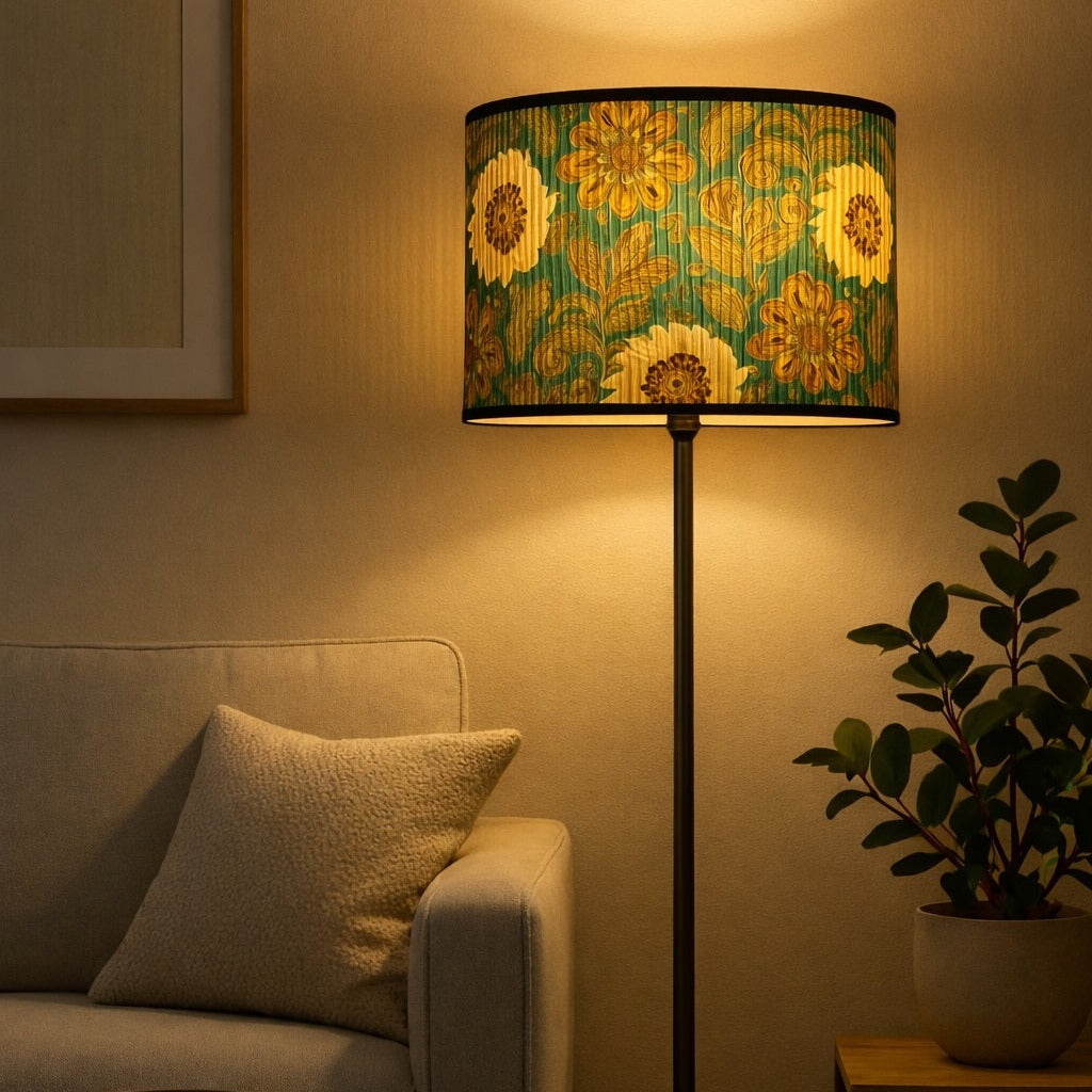 Lampe allumée avec abat-jour vert et doré, ambiance cosy et chaleureuse pour un salon raffiné le soir.