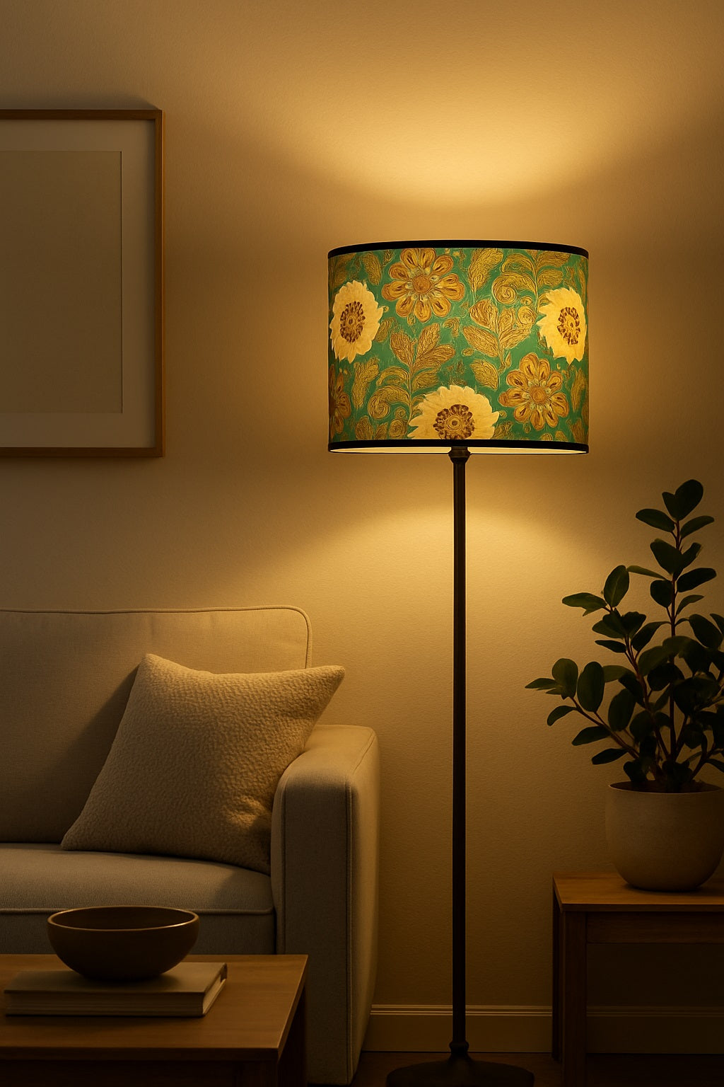 Lampe allumée avec abat-jour vert et doré, ambiance cosy et chaleureuse pour un salon raffiné le soir.