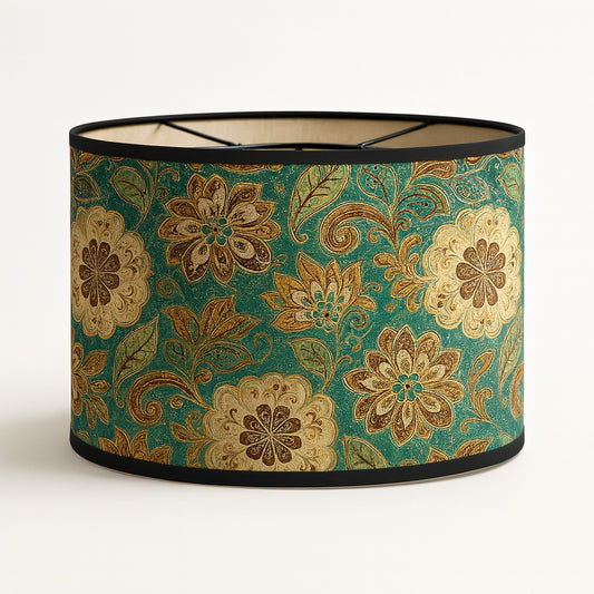 Abat-jour cylindrique vert à motifs floraux dorés, en tissu décoratif, compatible lampe E27 – style baroque chic.