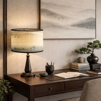 Abat-jour lampe design posé dans un bureau élégant, abat-jour design inspiré de paysages asiatiques apaisants