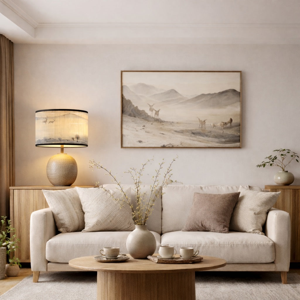 Abat-jour lampe design dans un salon lumineux, abat-jour design à motif montagne et lumière douce