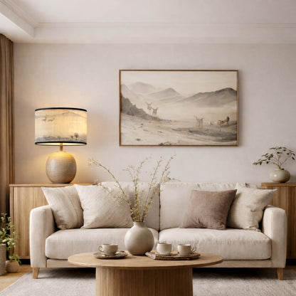 Abat-jour lampe design dans un salon lumineux, abat-jour design à motif montagne et lumière douce