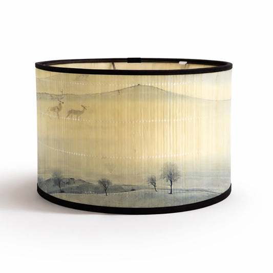Abat-jour lampe cylindrique à motif paysage brumeux et cerfs, abat-jour design en bambou aux tons doux