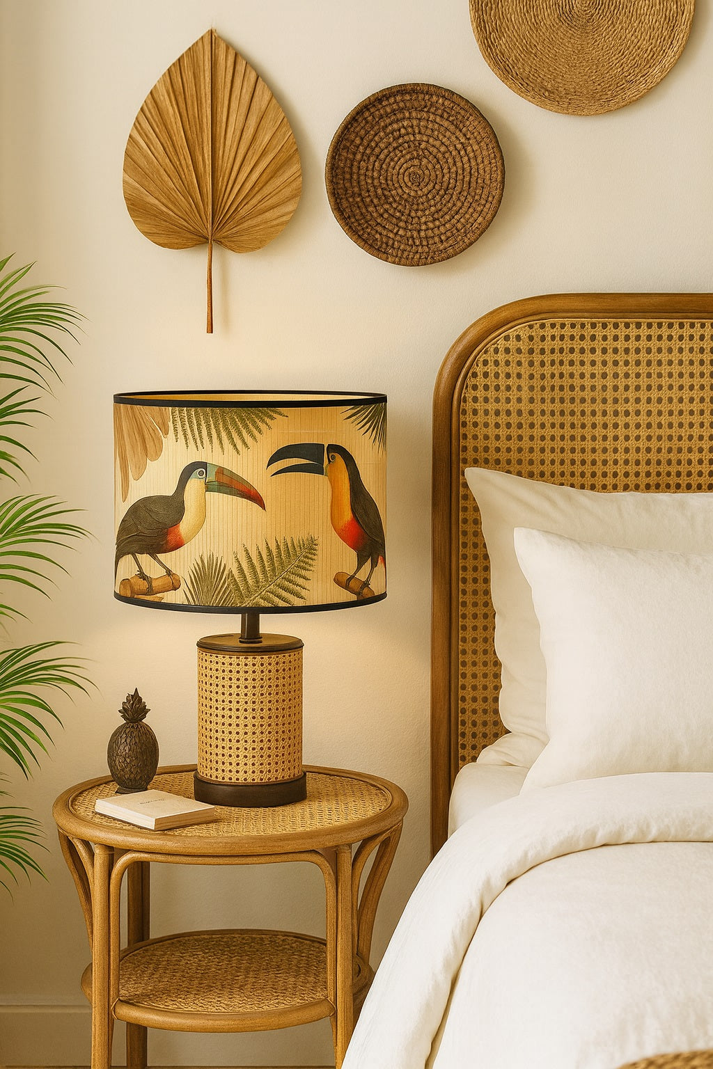Abat-jour en bambou avec toucans colorés, lampe sur table en rotin dans une chambre bohème naturelle et lumineuse.