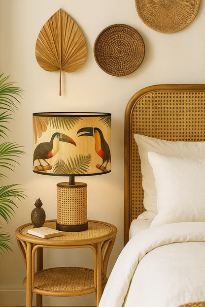 Abat-jour en bambou avec toucans colorés, lampe sur table en rotin dans une chambre bohème naturelle et lumineuse.