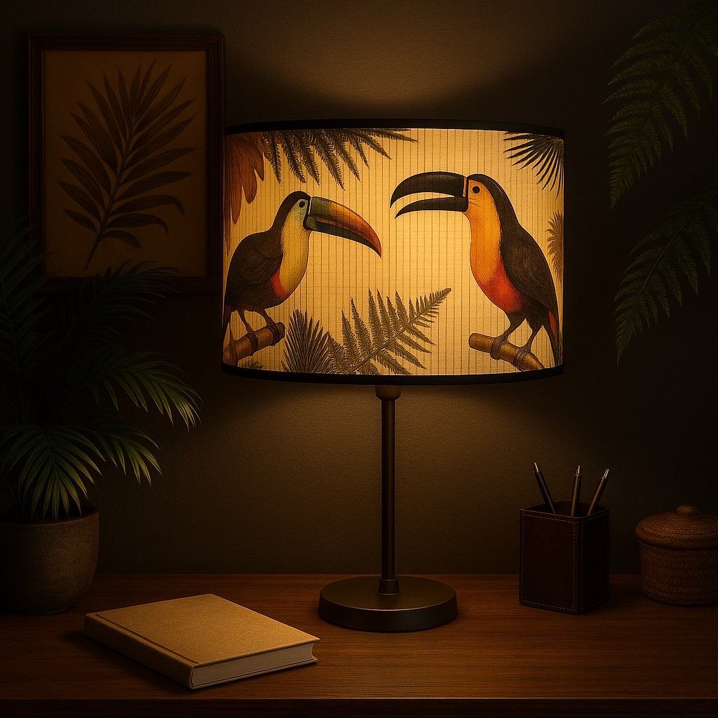 Abat-jour exotique en bambou illuminé, décor tropical avec toucans, ambiance chaleureuse et naturelle.