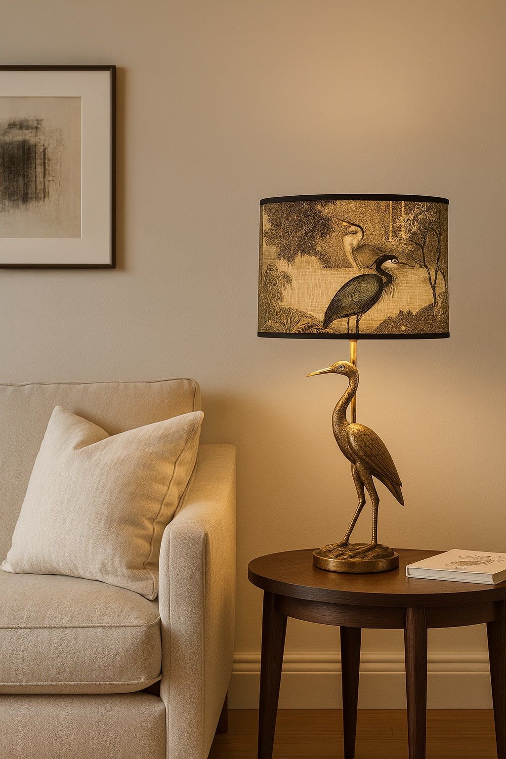 Abat-jour imprimé oiseaux allumé sur lampe décorative, lumière douce pour salon raffiné
