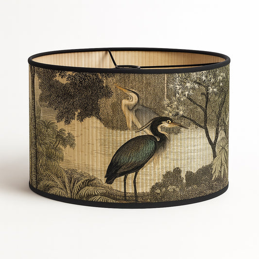 Abat-jour en bambou avec illustration de hérons et forêt – ambiance poétique et élégante, pour lampe ou suspension E27.