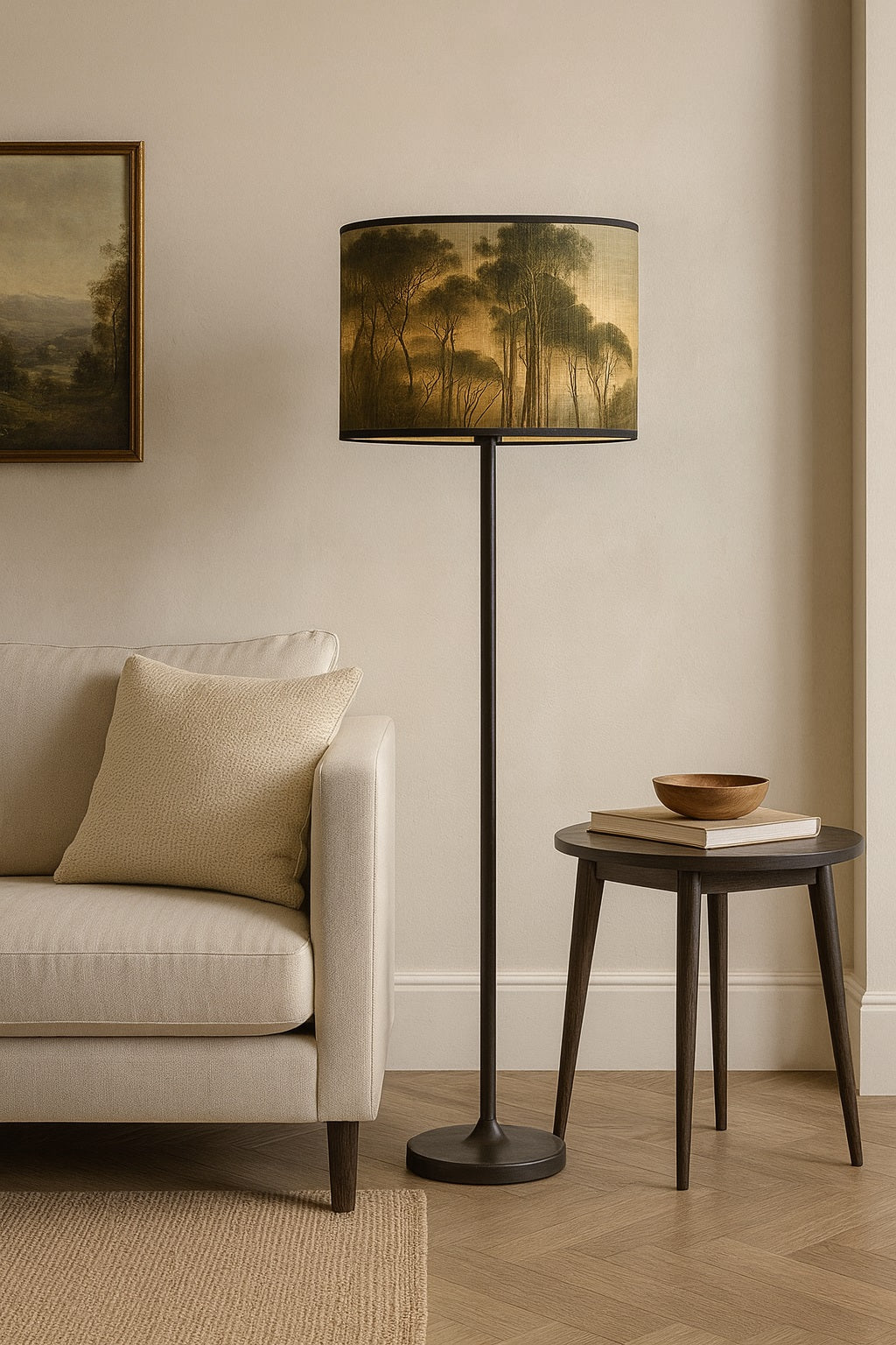 Abat-jour Sunset sur lampadaire design, lampe de salon élégante au décor de forêt dorée et lumière douce.