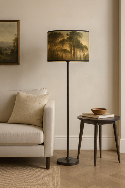 Abat-jour Sunset sur lampadaire design, lampe de salon élégante au décor de forêt dorée et lumière douce.