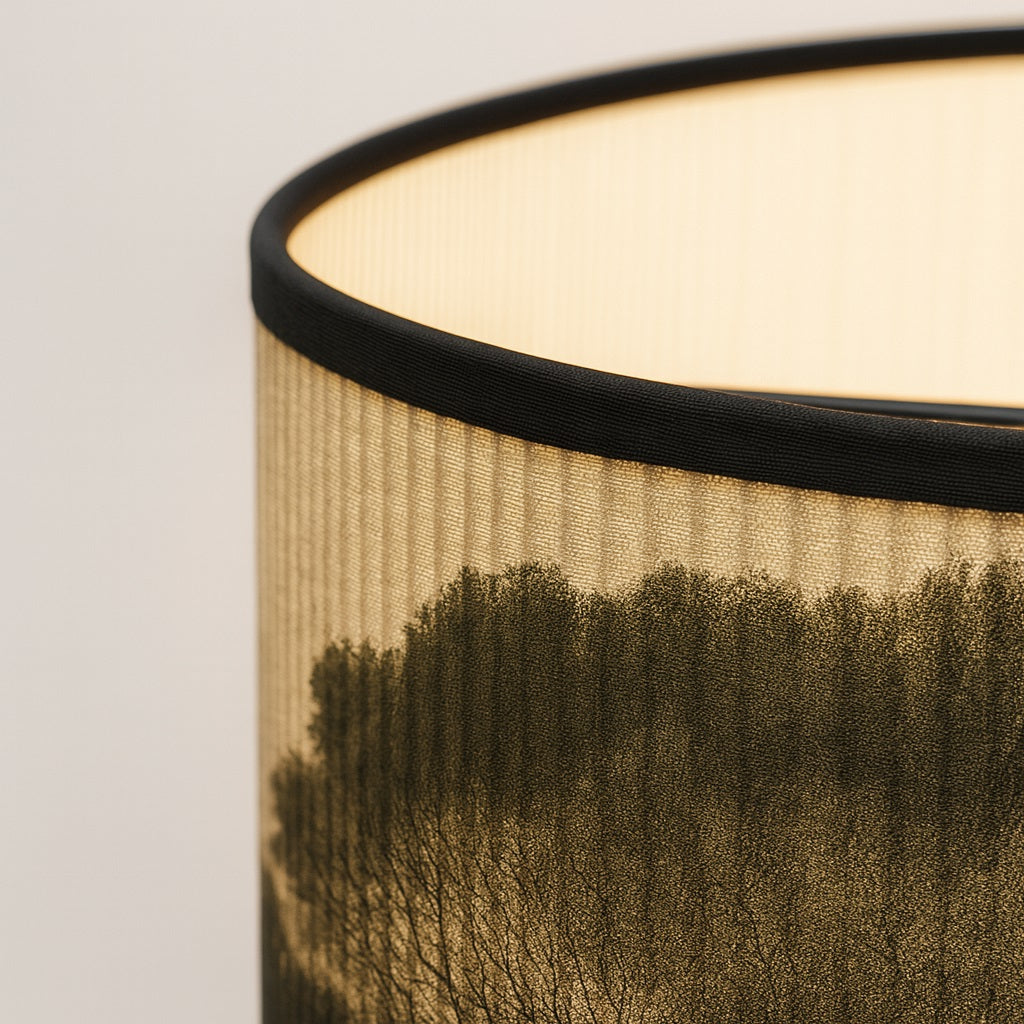 Détail de l’abat-jour Sunset, texture fine et lumière dorée pour une lampe au style naturel et apaisant.