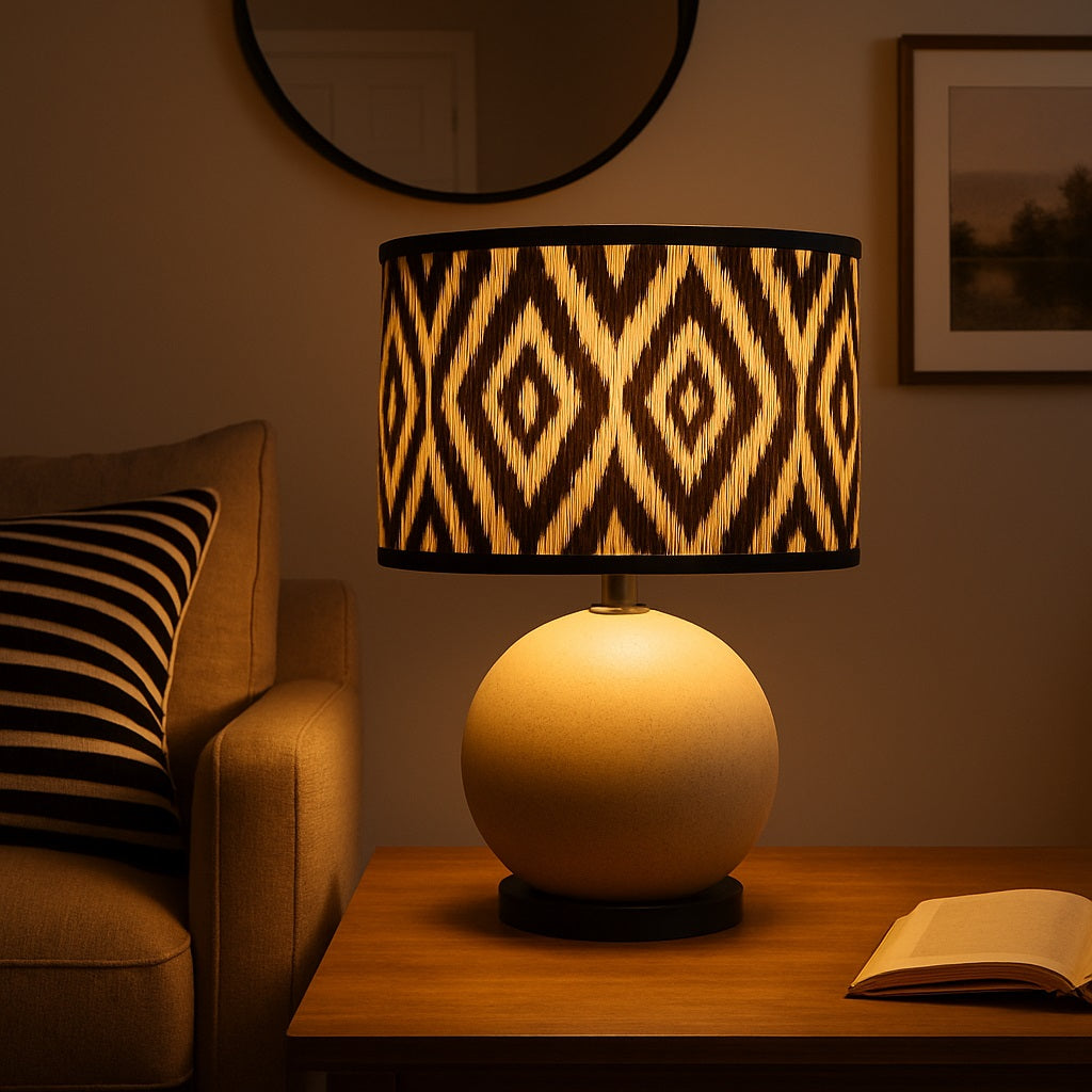 Abat-jour lampe motif noir et beige éclairé le soir, ambiance chaleureuse avec déco moderne et douce.