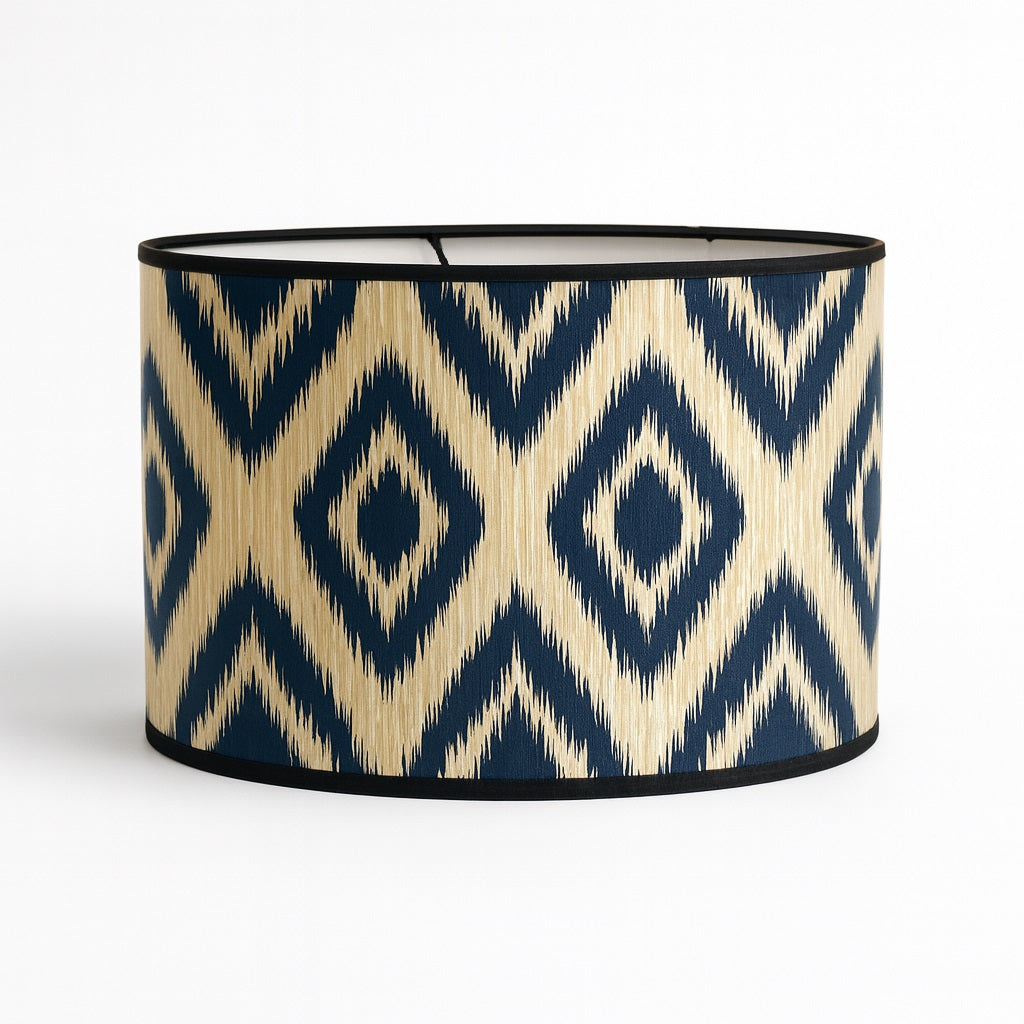 Abat-jour cylindrique bleu et beige à motif graphique, abat-jour lampadaire design en tissu décoratif