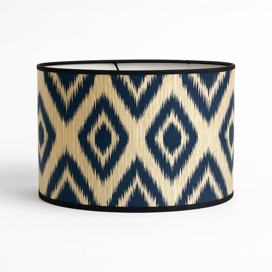Abat-jour cylindrique bleu et beige à motif graphique, abat-jour lampadaire design en tissu décoratif