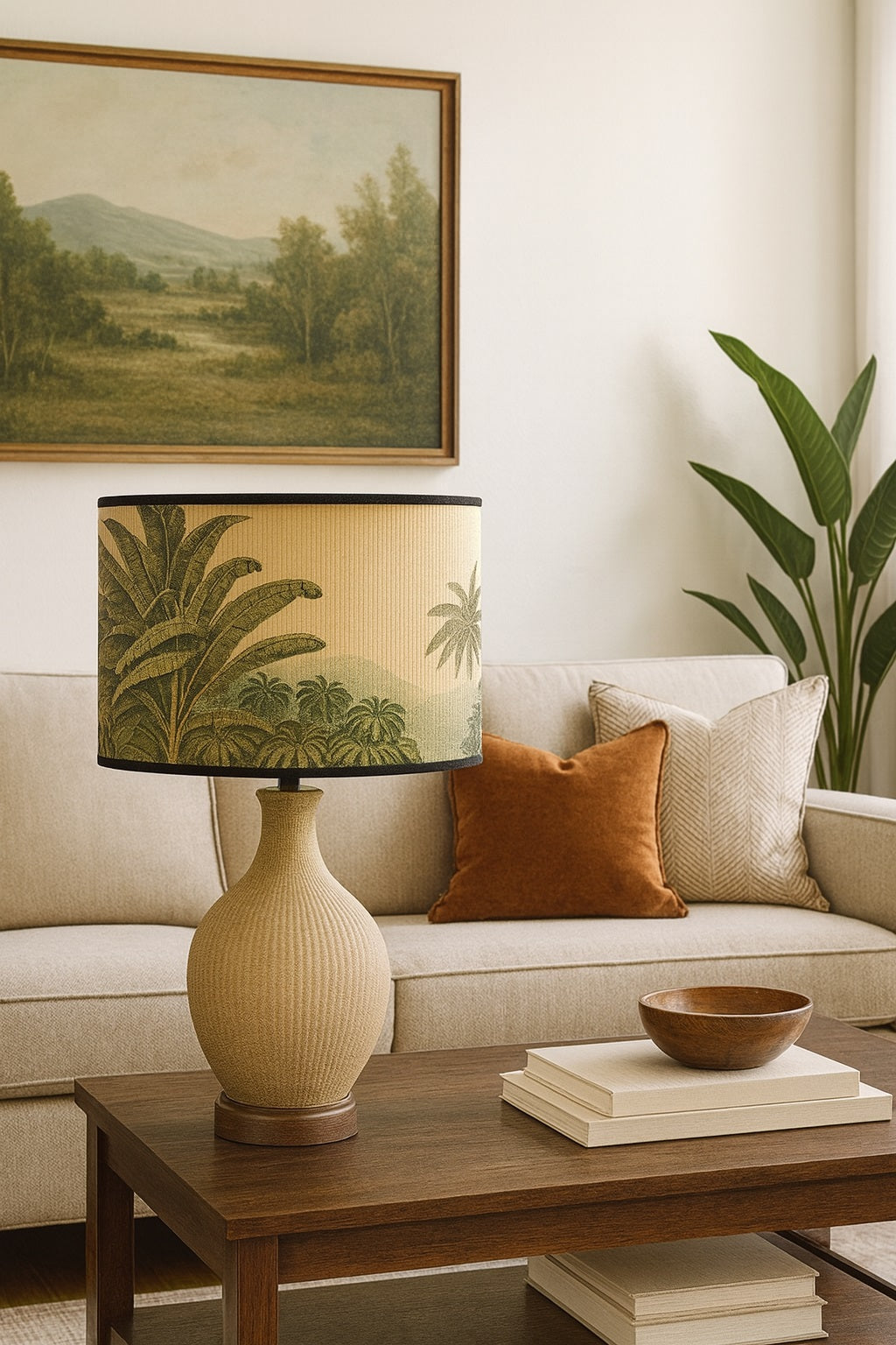 Lampe bambou avec abat-jour Forest, décor feuillage vert pour intérieur naturel.