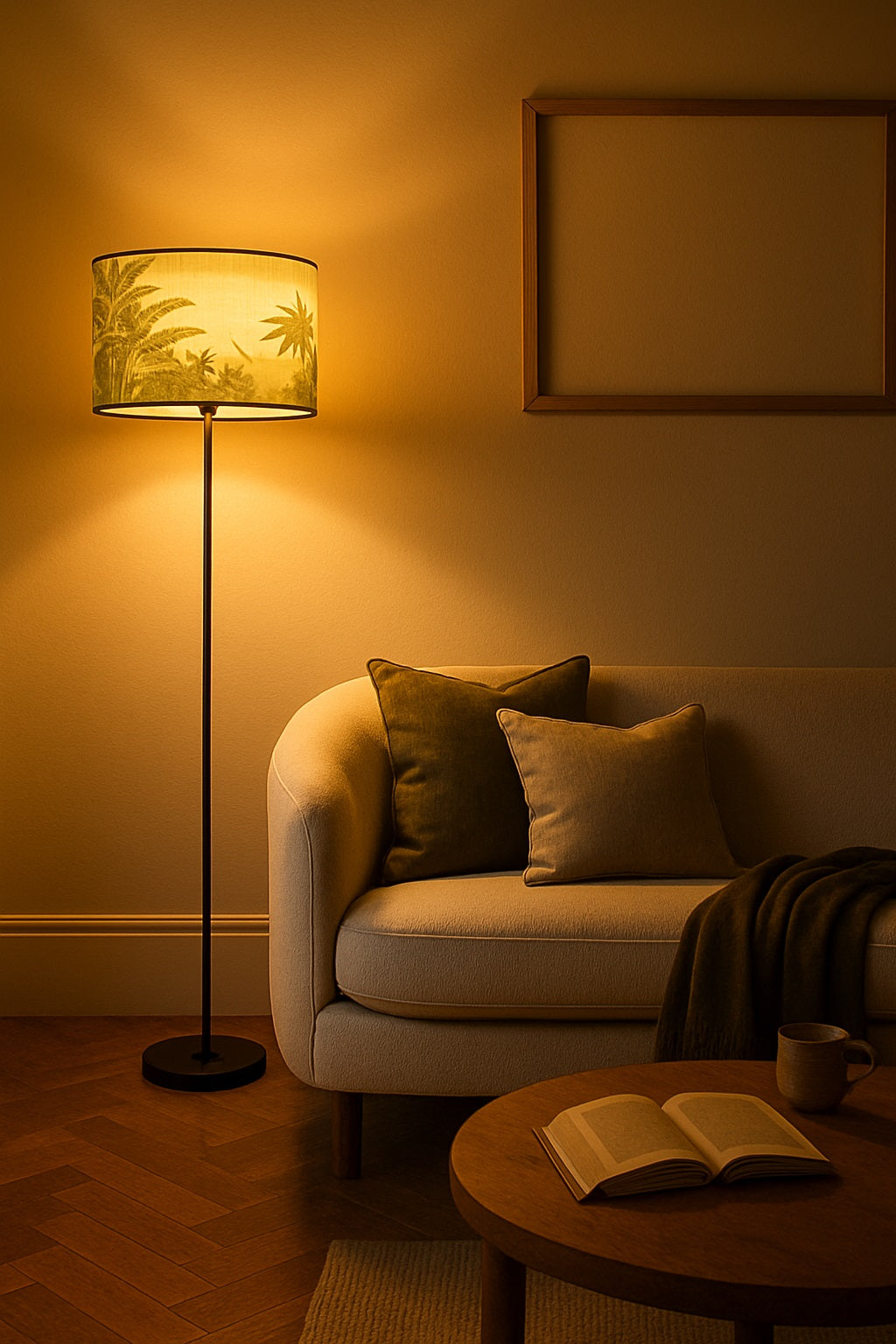 Lampe Forest allumée avec abat-jour bambou, ambiance cosy et chaleureuse.