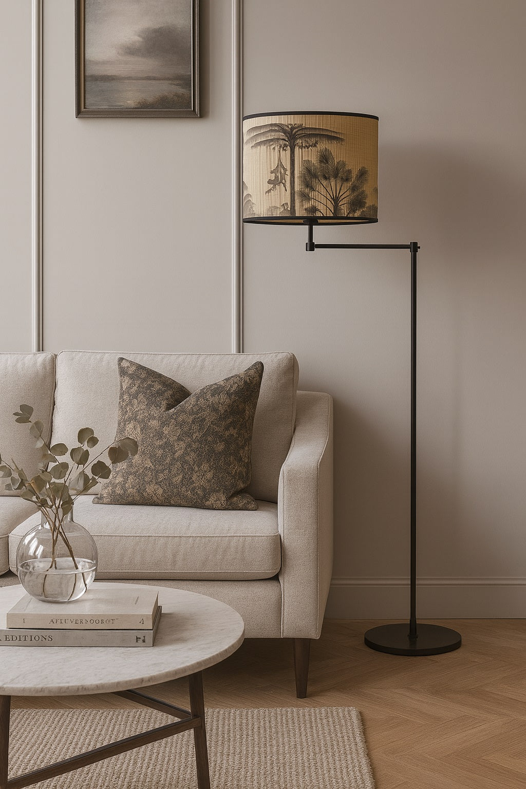 Lampe design avec abat-jour bambou Monkeys, décor jungle chic de jour.