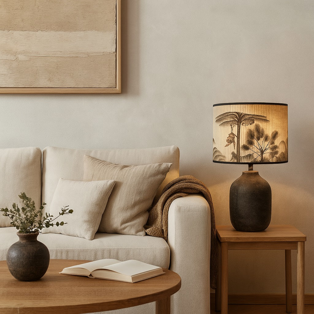 Lampe avec abat-jour bambou Monkeys allumé, atmosphère chaleureuse de nuit.