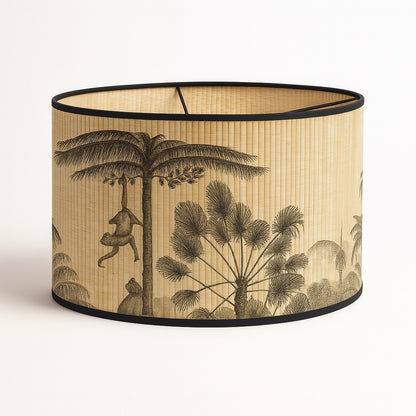 Abat-jour en bambou avec illustration de singes et palmiers – ambiance tropicale originale, pour lampe ou suspension E27.