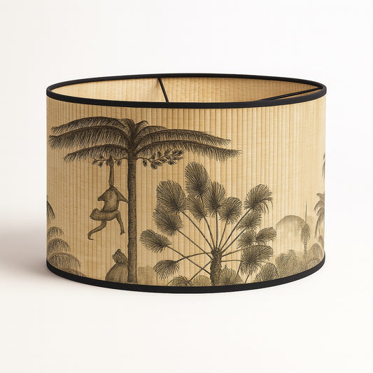 Abat-jour en bambou avec illustration de singes et palmiers – ambiance tropicale originale, pour lampe ou suspension E27.