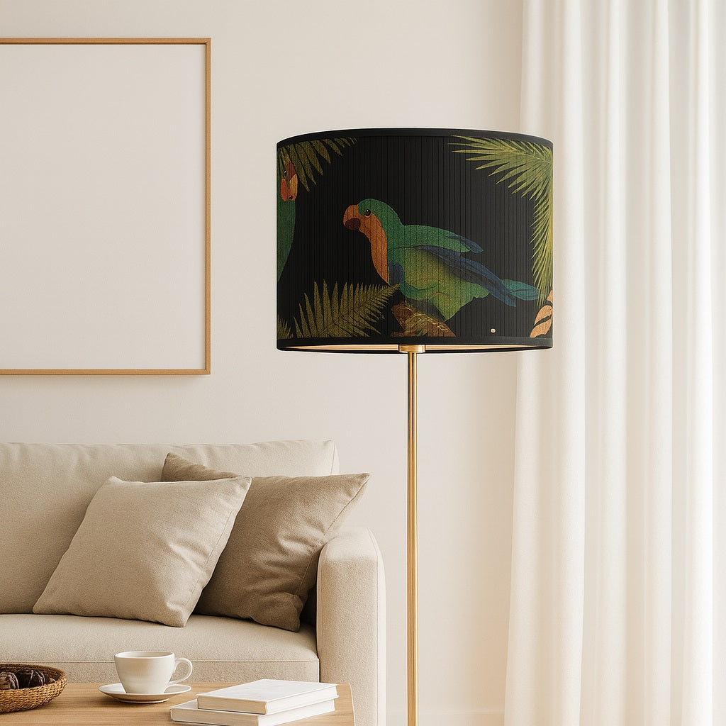 Abat-jour lampadaire noir à motif perroquet tropical, abat-jour décoratif exotique pour salon lumineux